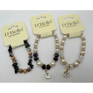 D'Bello Stretch Bracelet Bundle Pearls Crystals Rhinestone Charms Lot of 3